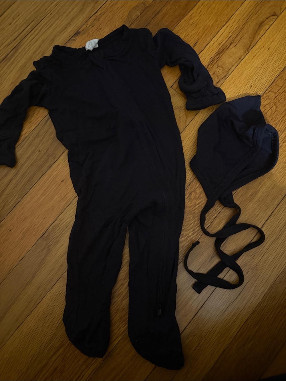 kate quinn Black Long-Sleeve Footed One-Piece with Bonnet